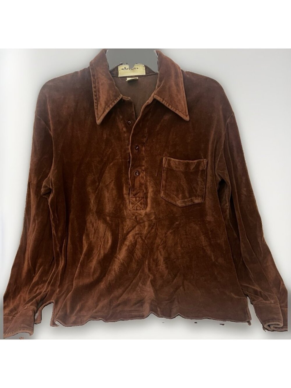 Vtg Arrow Velour Polo Shirt Men M  Brown Velvet Retro Preppy Dad.    E